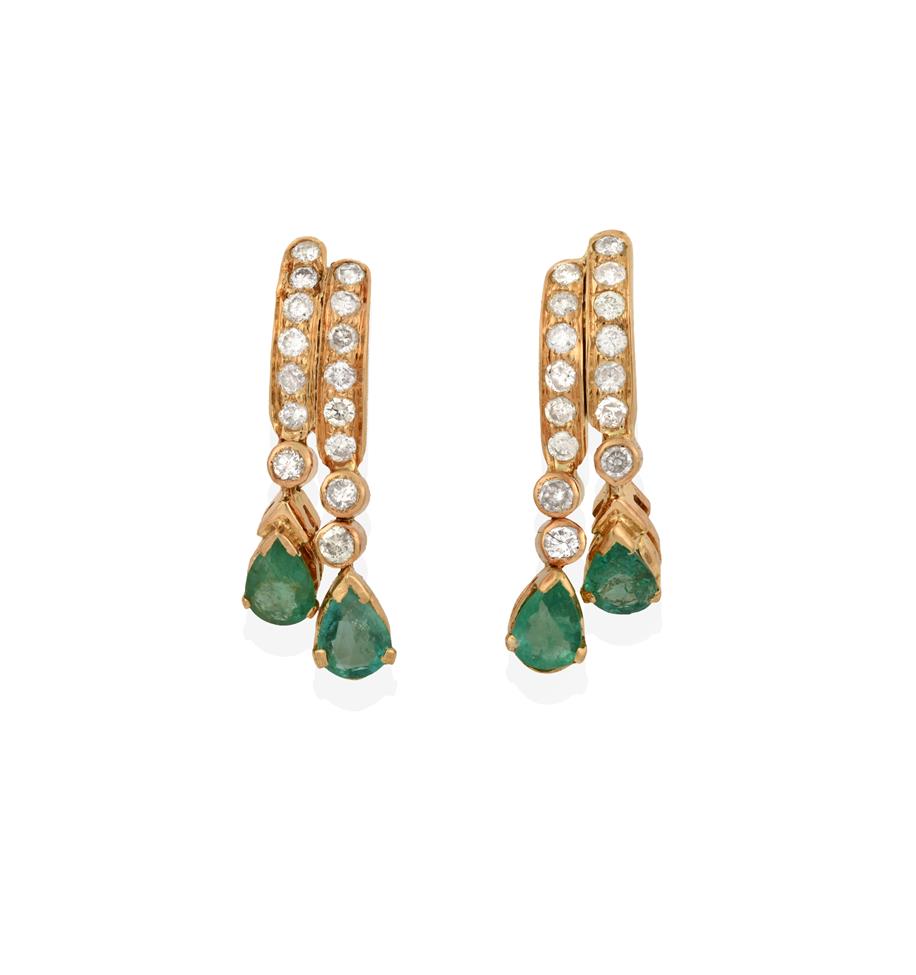Lot 2014 - A Pair of Emerald and Diamond Drop Earrings, two yellow bars set throughout with eight-cut diamonds