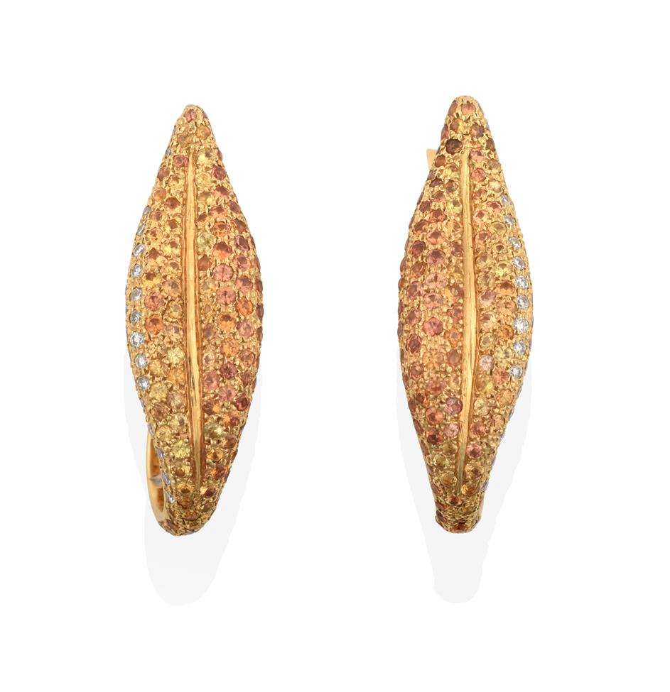 Lot 2016 - A Pair of Diamond, Yellow Sapphire and Citrine Earrings, the leaf motif set throughout with...