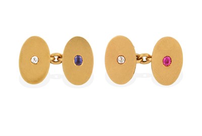 Lot 2019 - A Pair of Gem Set Cufflinks, the yellow chain linked oval plain polished plaques each inset...