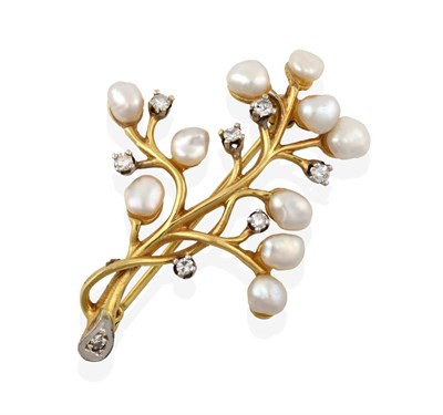 Lot 2020 - A 9 Carat Gold Cultured Pearl and Diamond Brooch, the yellow floral spray set throughout with...