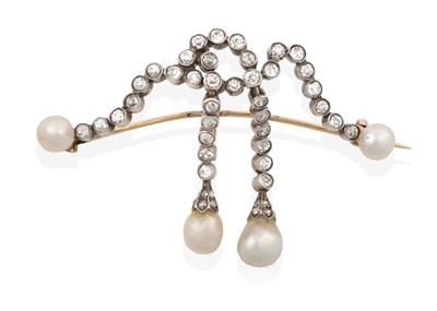Lot 2028 - An Edwardian Diamond and Pearl Brooch, the ribbon motif set throughout with old cut and rose...