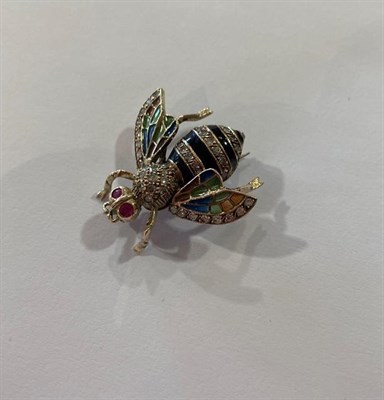 Lot 2043 - An Edwardian Plique-a-Jour Enamel, Ruby and Diamond Bee Brooch, realistically modelled with...