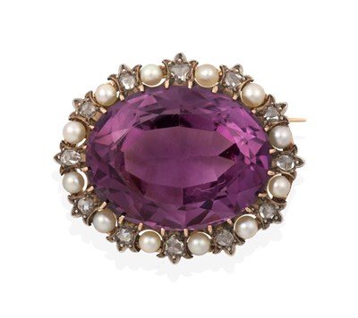Lot 2045 - An Amethyst, Pearl and Diamond Brooch, the oval cut amethyst within a border of twelve rose cut...