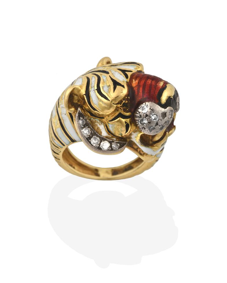 Lot 2051 - An Enamel and Diamond Ring, in the style of Kutchinsky, realistically modelled as a yellow...