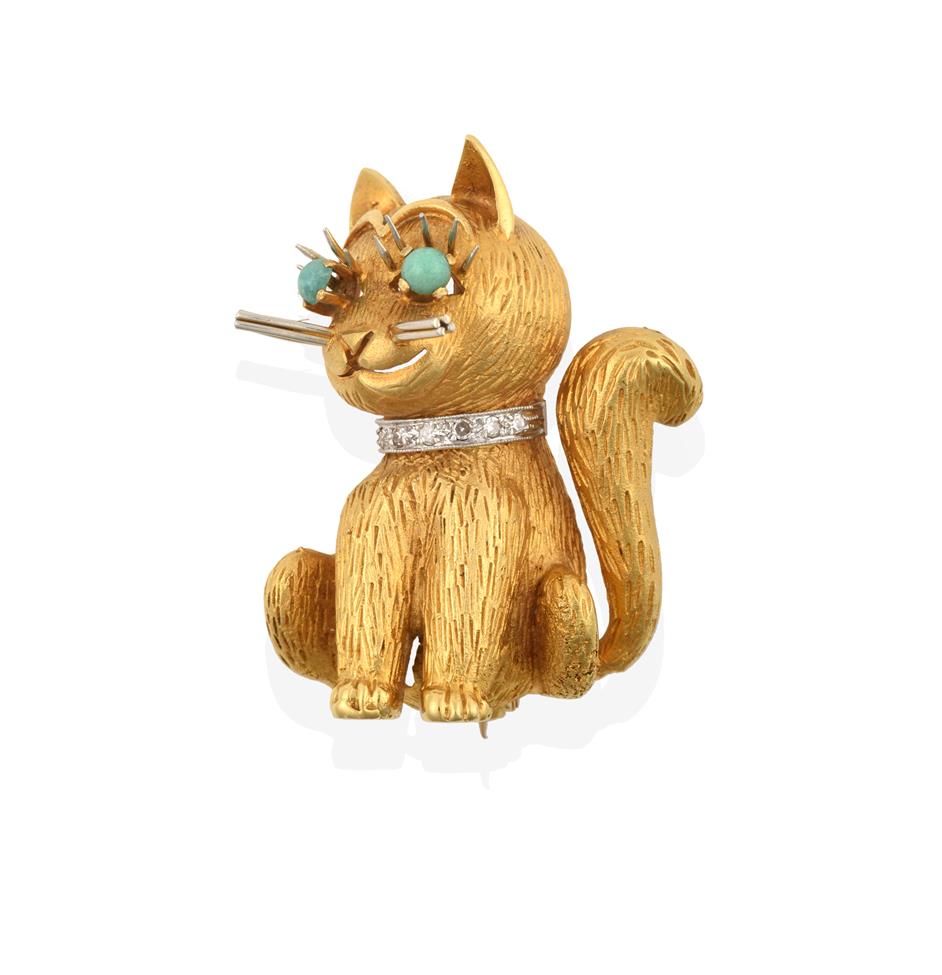 Lot 2054 - An 18 Carat Gold Brooch, realistically modelled as a seated cat, with an eight-cut diamond set...