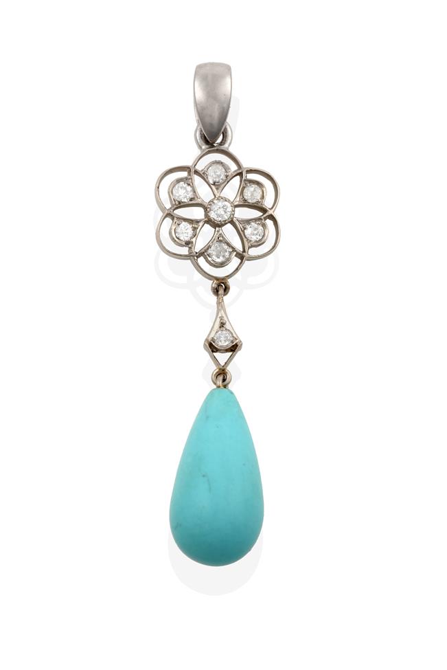 Lot 2060 - An Edwardian Turquoise and Diamond Pendant, by Black, Starr & Frost, an openwork foliate motif...