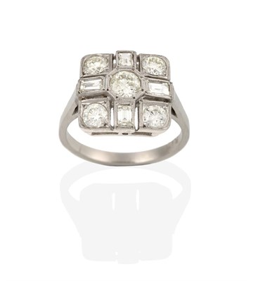 Lot 2103 - An Art Deco Style Diamond Cluster Ring, the plaque form inset with round brilliant and baguette cut