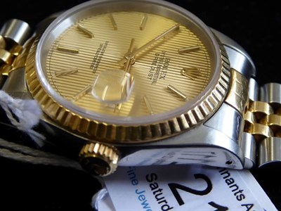 Lot 2117 - A Steel and Gold Automatic Calendar Centre Seconds Wristwatch, signed Rolex, Oyster Perpetual,...