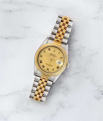 Lot 2118 - A Steel and Gold Automatic Calendar Centre Seconds Wristwatch, signed Rolex, Oyster Perpetual,...