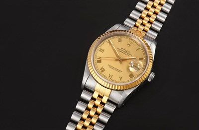 Lot 2118 - A Steel and Gold Automatic Calendar Centre Seconds Wristwatch, signed Rolex, Oyster Perpetual,...