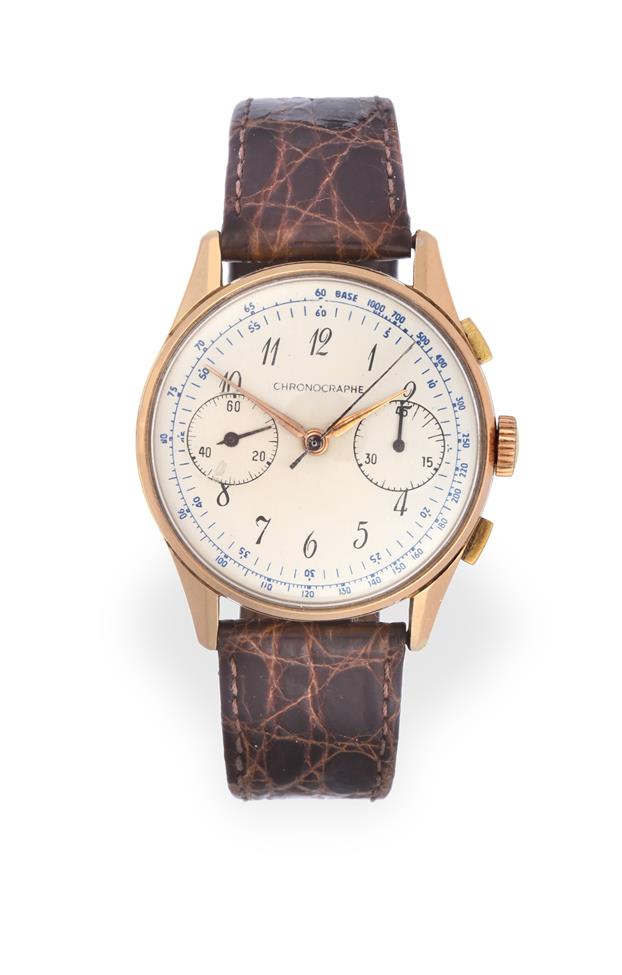 Lot 2125 - An 18 Carat Gold Chronograph Wristwatch, circa 1950, lever movement, column wheel chronograph...
