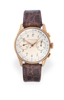 Lot 2125 - An 18 Carat Gold Chronograph Wristwatch, circa 1950, lever movement, column wheel chronograph...