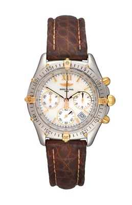 Lot 2133 - A Steel and Gold Calendar Chronograph Wristwatch, signed Breitling, model: Chrono Jetstream,...