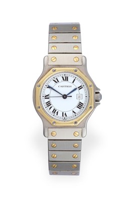 Lot 2137 - A Steel and Gold Automatic Calendar Centre Seconds Wristwatch, signed Cartier, model: Santos, circa
