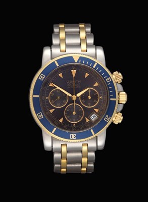 Lot 2142 - A Steel and Gold Automatic Calendar Chronograph Wristwatch, signed Zenith, model: El Primero...