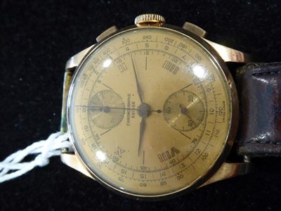 Lot 2148 - An 18 Carat Gold Chronograph Wristwatch, signed Chronographe Suisse, circa 1950, lever...