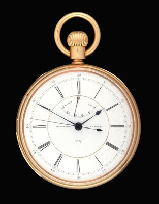 Lot 2157 - An 18 Carat Gold Open Faced Centre Seconds Pocket Watch with Power Reserve Indication, signed...