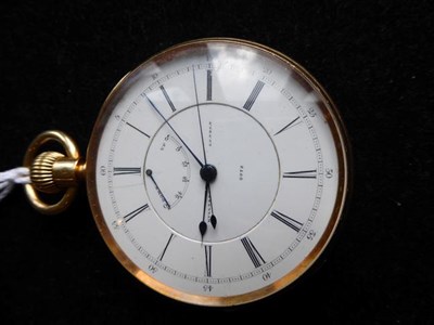 Lot 2157 - An 18 Carat Gold Open Faced Centre Seconds Pocket Watch with Power Reserve Indication, signed...