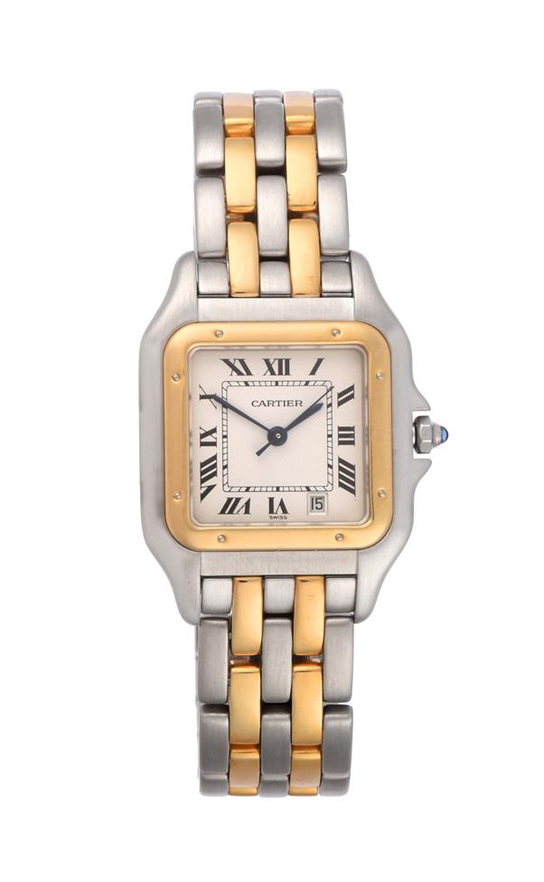 Lot 2174 - A Steel and Gold Calendar Centre Seconds Wristwatch, signed Cartier, model: Panthere, ref:...