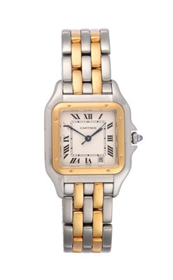 Lot 2174 - A Steel and Gold Calendar Centre Seconds Wristwatch, signed Cartier, model: Panthere, ref:...