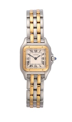 Lot 2175 - A Lady's Steel and Gold Wristwatch, signed Cartier, model: Panthere, ref: 1120, circa 1995,...