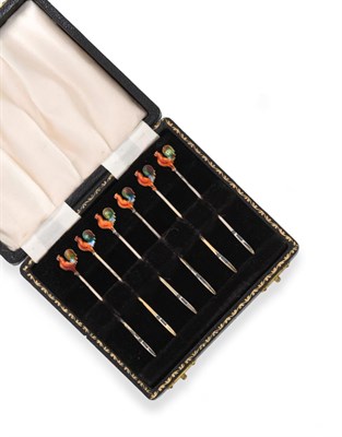 Lot 2269 - A Cased Set of Six Elizabeth II Silver and Enamel Cocktail-Sticks, by Adie Brothers,...