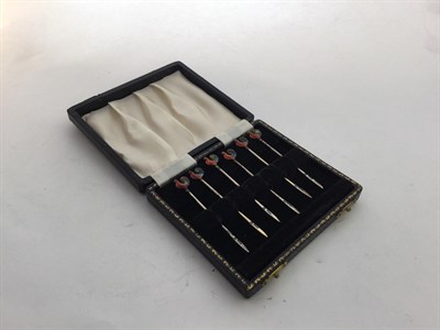 Lot 2269 - A Cased Set of Six Elizabeth II Silver and Enamel Cocktail-Sticks, by Adie Brothers,...