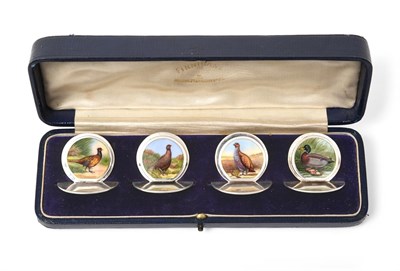 Lot 2358 - A Cased Set of Four George V Silver and Enamel Place-Card Holders, by Sampson Mordan and Co.,...