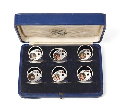 Lot 2359 - A Cased Set of Six Edward VII Silver and 'Gem'-Set Place-Card Holders, by Richard Martin and...
