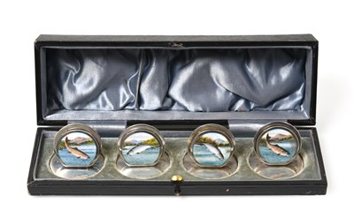 Lot 2360 - A Cased Set of Four Edward VII Silver and Enamel Place-Card Holders, by Sampson Mordan and Co.,...