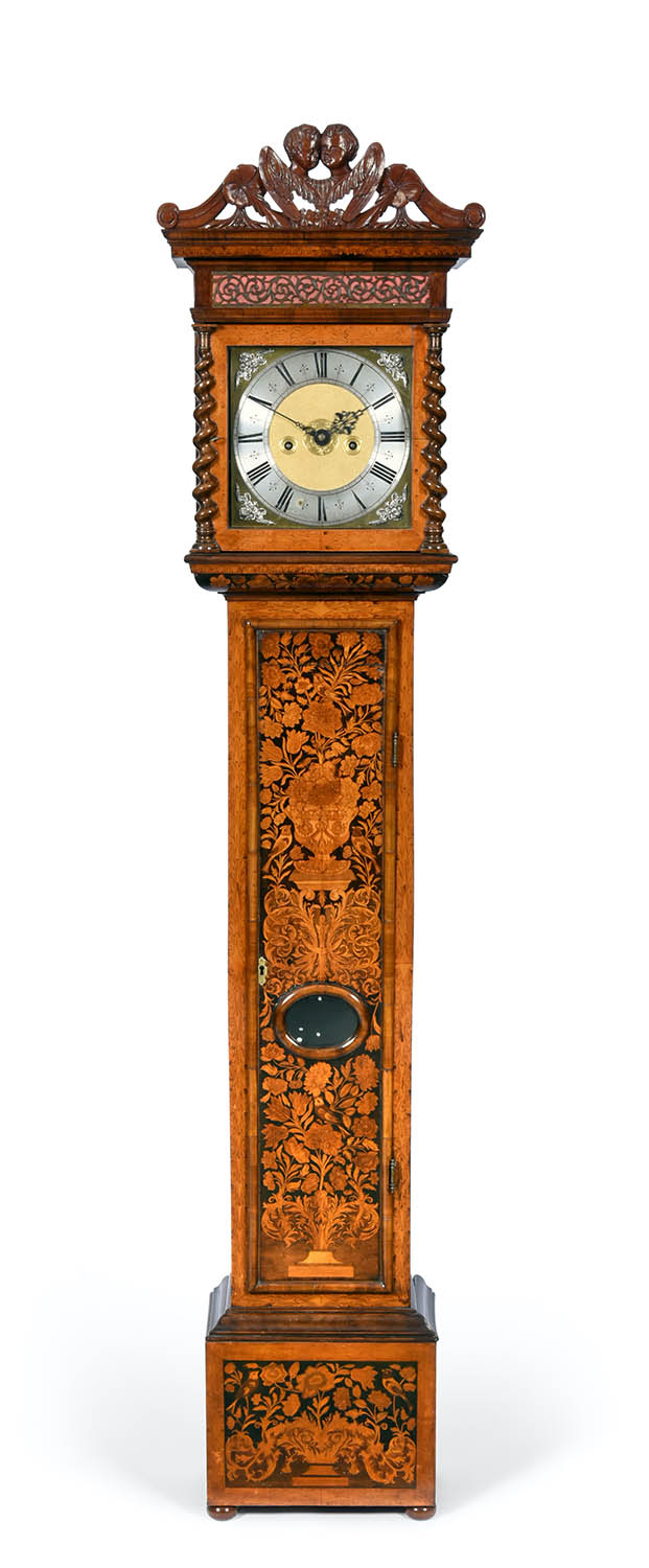 Lot 292 - A Marquetry Eight Day Longcase Clock, signed Edward Stanton, London, circa 1700, carved winged...