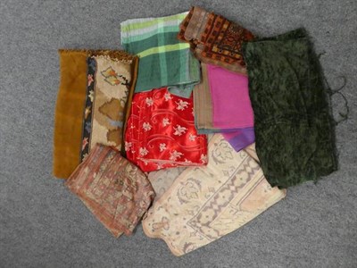 Lot 1005 - Assorted textiles, linen, chenille cloths, late 19th century silk and wool scarves, printed...