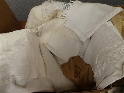 Lot 1006 - Assorted white linen cloths, cotton bed linen, table linen, linen towels, etc many with crochet...