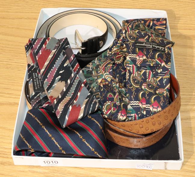 Lot 1010 - Assorted costume accessories, comprising a Burberry silk scarf 'The Burberry Diary' (in...