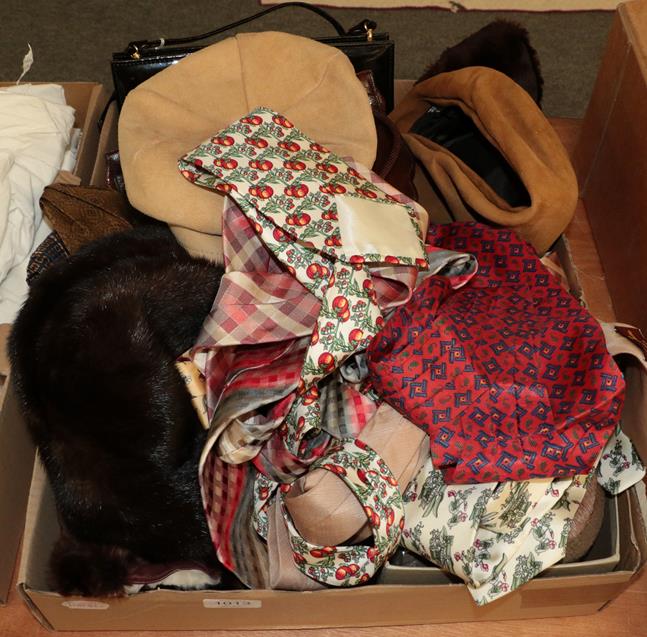 Lot 1013 - Assorted costume accessories including a pair of brown hide boots with sheepskin lining, pair...