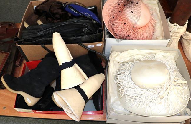 Lot 1021 - Two Graham Smith large occasion hats in pink and white, black sequin head band, three pairs of...