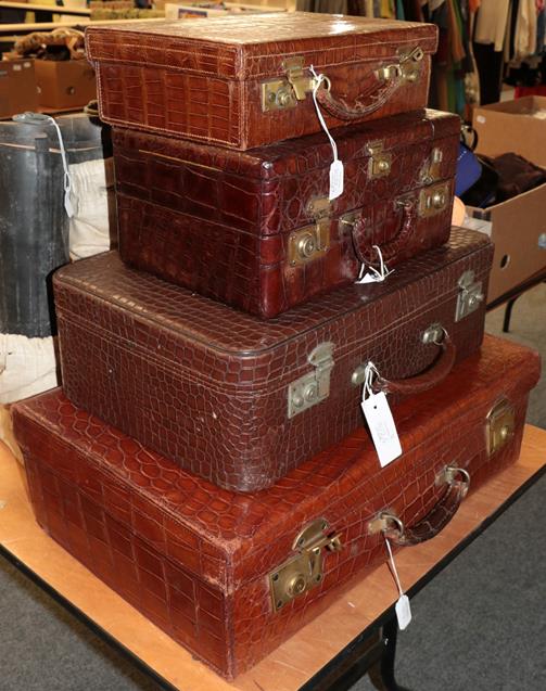 Lot 1022 - Brown crocodile mounted dressing case, with hinged cover enclosing three compartments with...