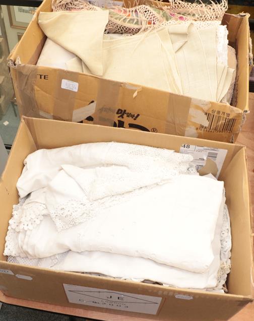 Lot 1027 - Assorted white linens and textiles, crochet items, embroidery including embroidered circular...