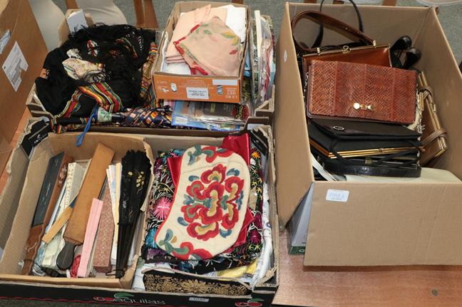Lot 1048 - Assorted handbags, fans, embroidery, shawls, tights, stockings, hankie's etc (three boxes)