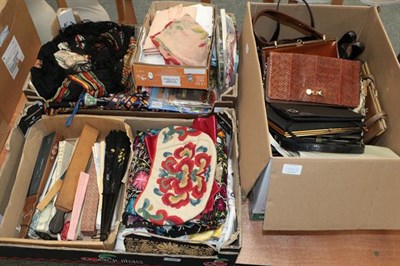 Lot 1048 - Assorted handbags, fans, embroidery, shawls, tights, stockings, hankie's etc (three boxes)