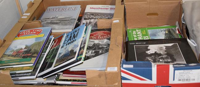 Lot 1070 - Three boxes of reference books predominantly on steam trains, also including shipping together with