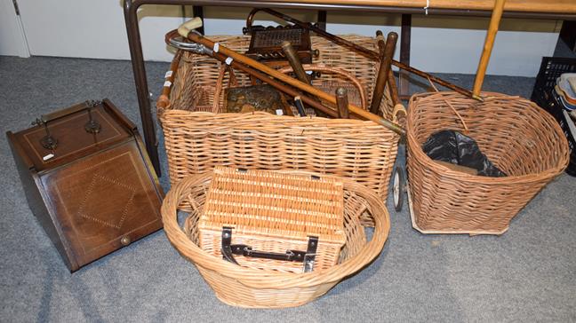 Lot 1082 - Various wicker baskets including a large example, mahogany coal purdonium, carved stools,...