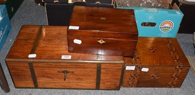 Lot 1089 - A Victorian rosewood brass bound writing slope, a walnut marquetry banded sewing box and a mahogany