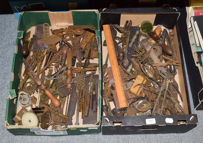 Lot 1092 - Two boxes of assorted specialist engineering tools etc, including metal gauges, J Rabone & Sons...