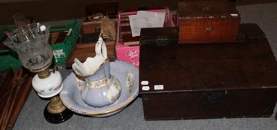 Lot 1094 - An 18th century oak bible box, 19th century mahogany jewellery box, oil lamp and a jug and a bowl