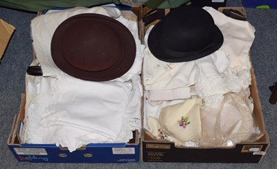 Lot 1109 - Two boxes of lace and linen including embroidered examples, together with two bowler hats and a...
