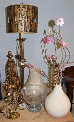 Lot 1118 - A group of decorative items including an owl form table lamp, a reproduction gilt mantle clock,...