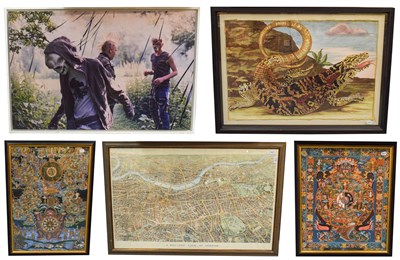 Lot 1129 - A framed coloured print depicting a lizard, a framed map, a balloon view of London, two framed...