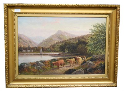 Lot 1151 - Dunnington, oil on canvas of Highland cattle being driven by a river side, 40cm by 160cm