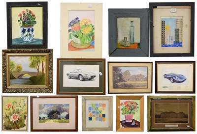Lot 1154 - A mixed lot of watercolours, oils, prints, posters of still life's, landscapes and motoring...
